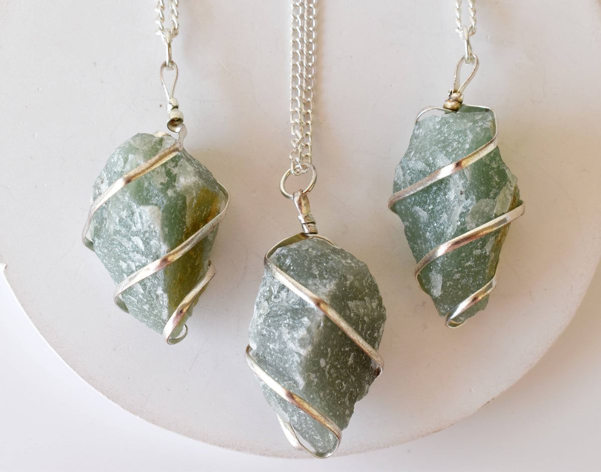 Green Aventurine Raw Gemstone Pendant, Wire Wrapped Crystal Stone Pendant  DestGlow