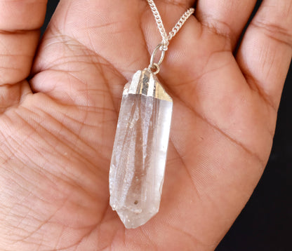 Clear Quartz Rough Stone Pendants, Electroplated Silver Real Crystal Necklaces  DestGlow