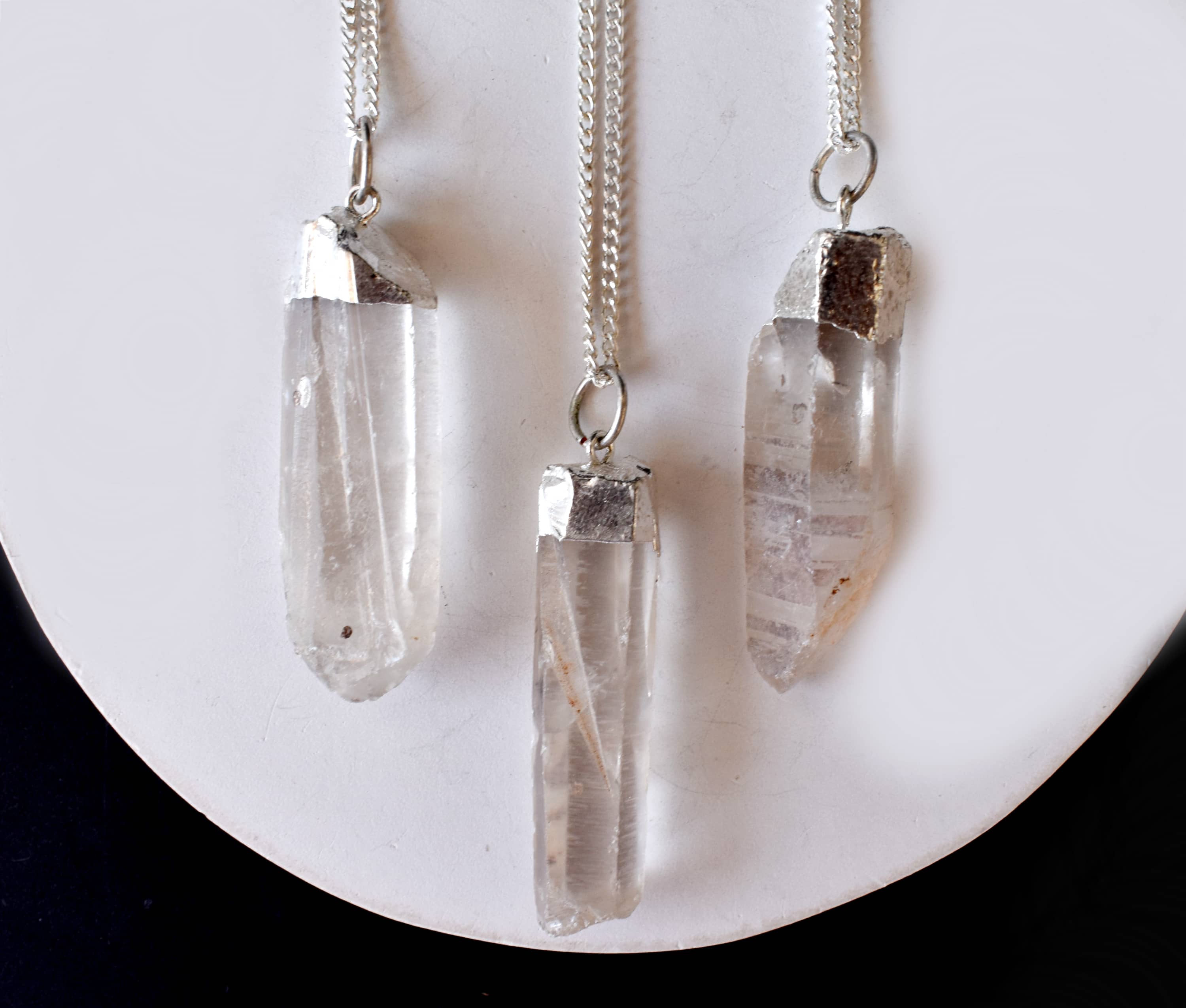 Clear Quartz Rough Stone Pendants, Electroplated Silver Real Crystal Necklaces  DestGlow