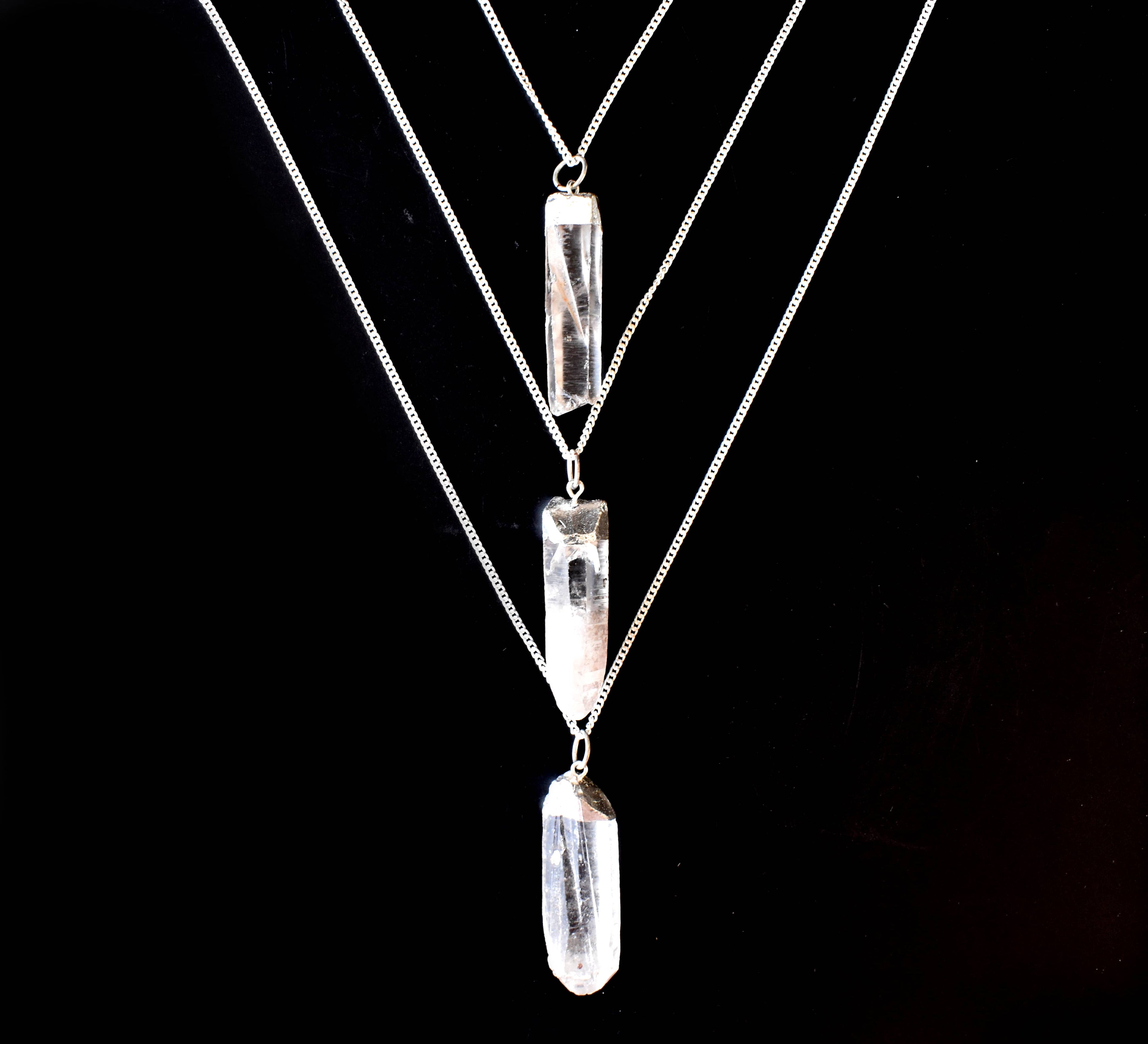 Clear Quartz Rough Stone Pendants, Electroplated Silver Real Crystal Necklaces  DestGlow