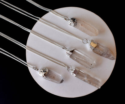 Clear Quartz Rough Stone Pendants, Electroplated Silver Real Crystal Necklaces  DestGlow