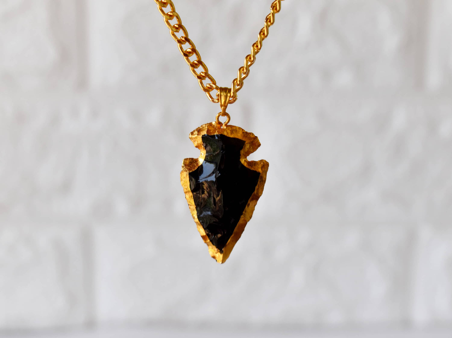 Black Obsidian Arrowhead Pendant ~ Electroplated Gold Crystals Pendants with Chain  DestGlow