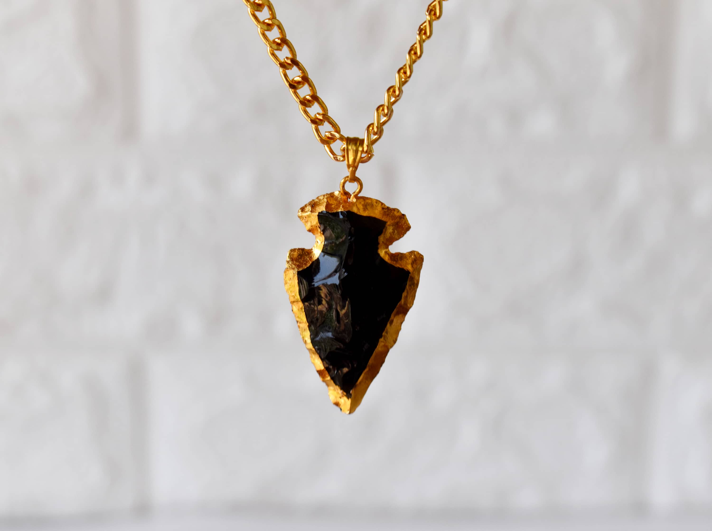 Black Obsidian Arrowhead Pendant ~ Electroplated Gold Crystals Pendants with Chain  DestGlow