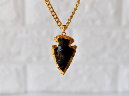 Black Obsidian Arrowhead Pendant ~ Electroplated Gold Crystals Pendants with Chain  DestGlow