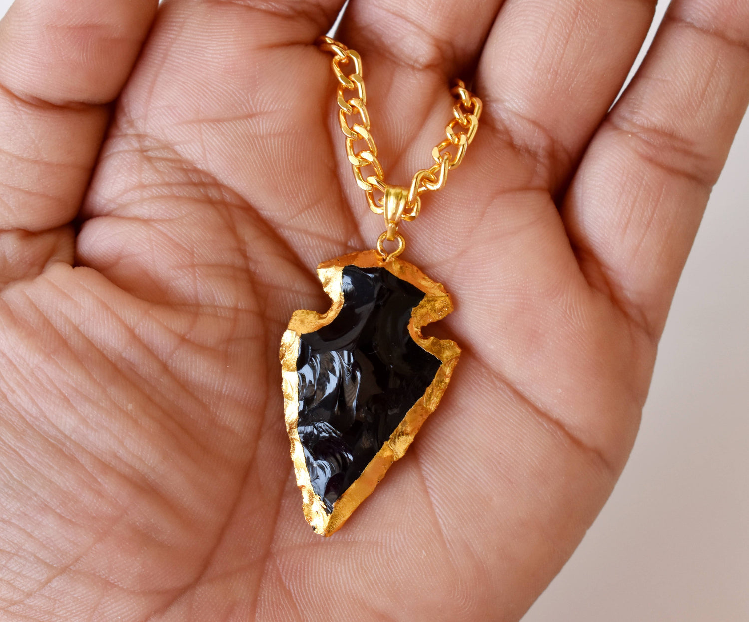 Black Obsidian Arrowhead Pendant ~ Electroplated Gold Crystals Pendants with Chain  DestGlow
