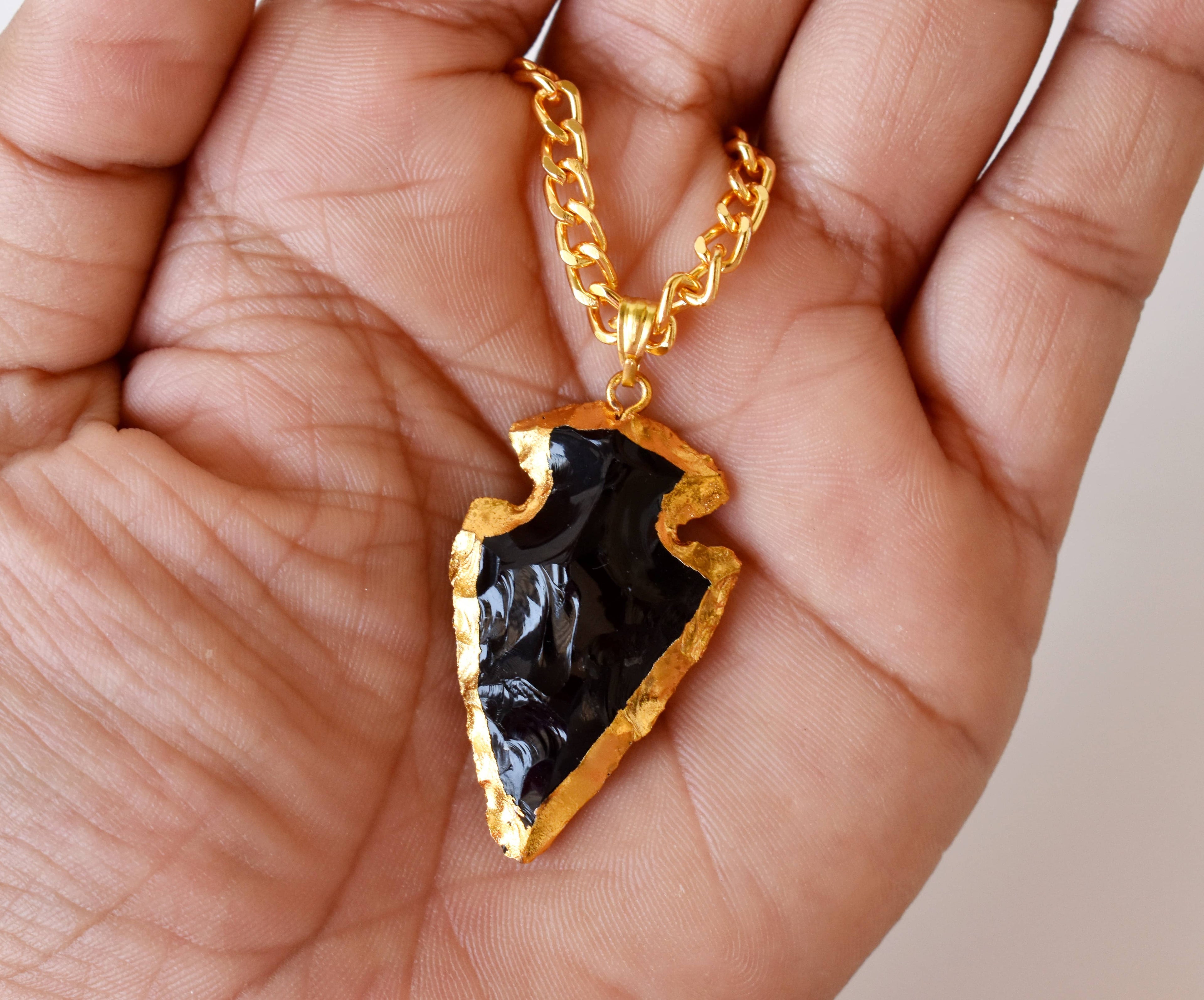 Black Obsidian Arrowhead Pendant ~ Electroplated Gold Crystals Pendants with Chain  DestGlow