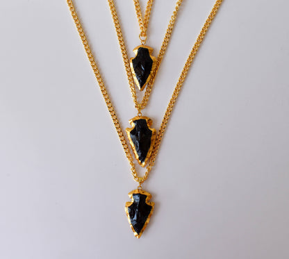 Black Obsidian Arrowhead Pendant ~ Electroplated Gold Crystals Pendants with Chain  DestGlow