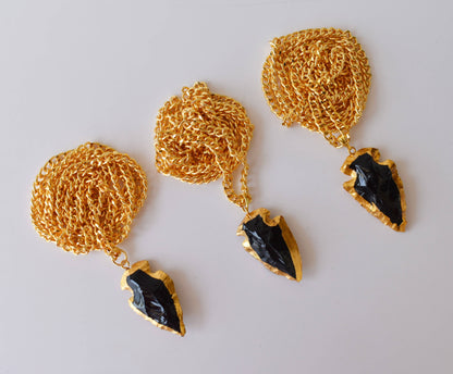 Black Obsidian Arrowhead Pendant ~ Electroplated Gold Crystals Pendants with Chain  DestGlow