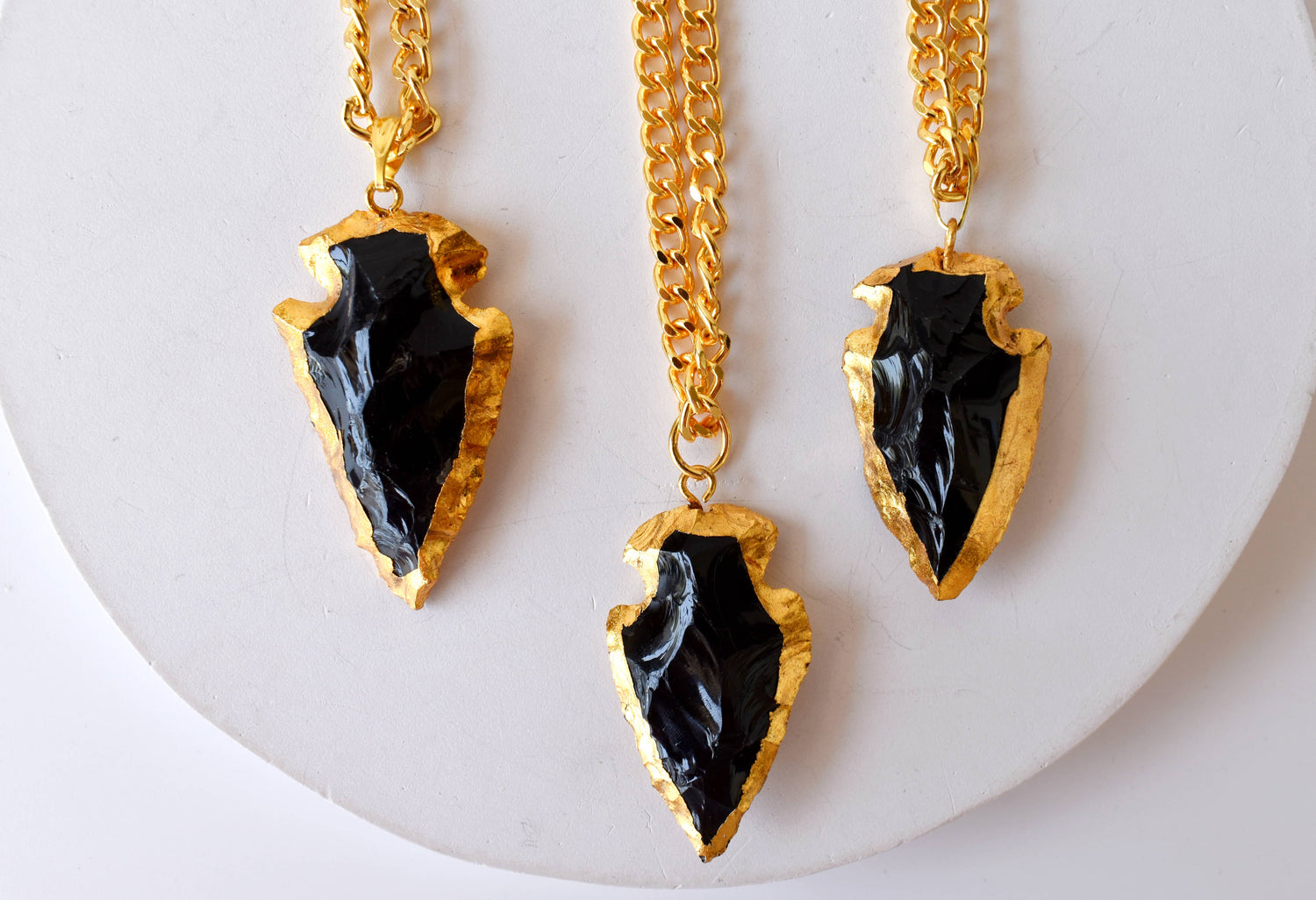 Black Obsidian Arrowhead Pendant ~ Electroplated Gold Crystals Pendants with Chain  DestGlow