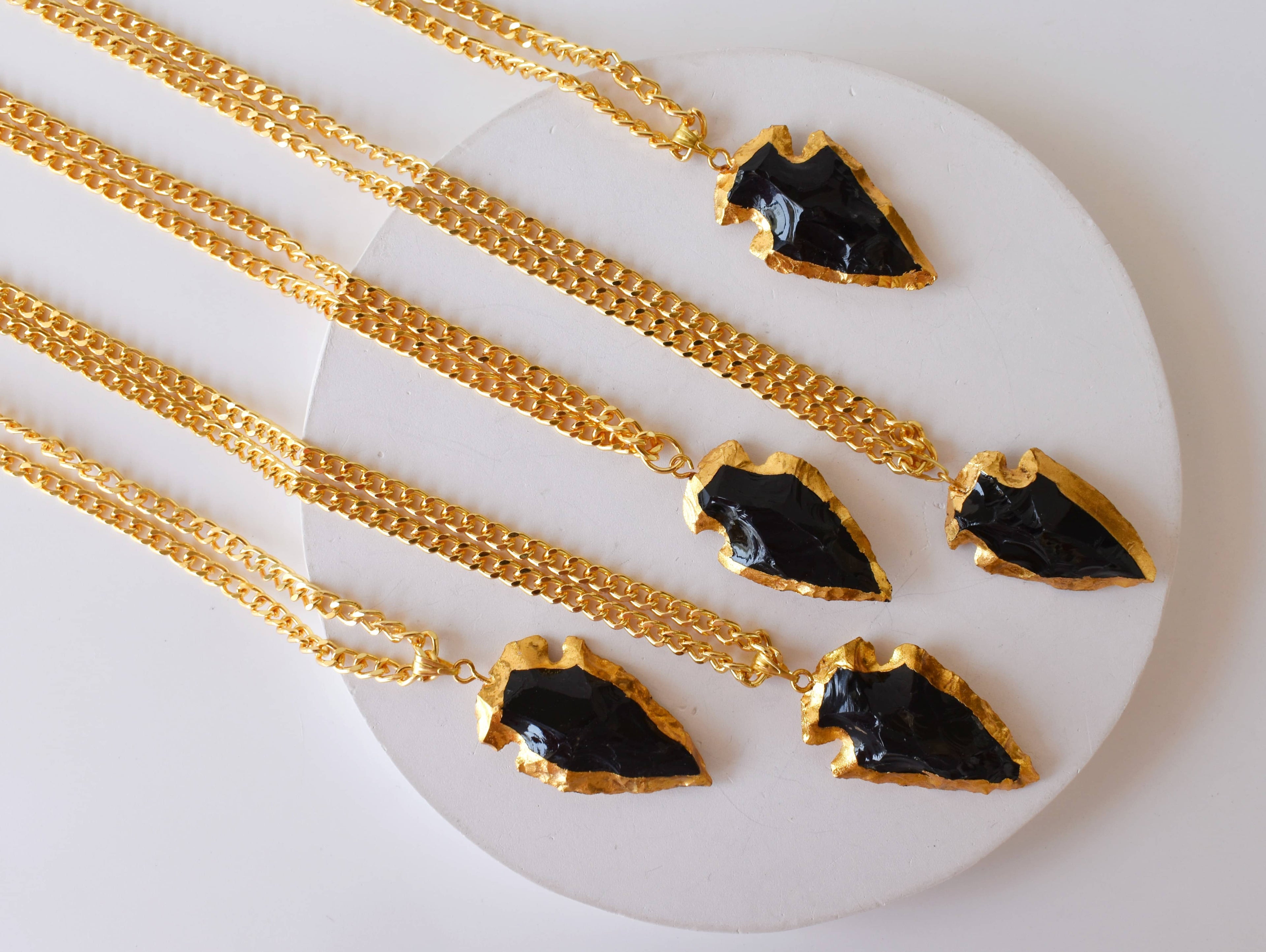Black Obsidian Arrowhead Pendant ~ Electroplated Gold Crystals Pendants with Chain  DestGlow