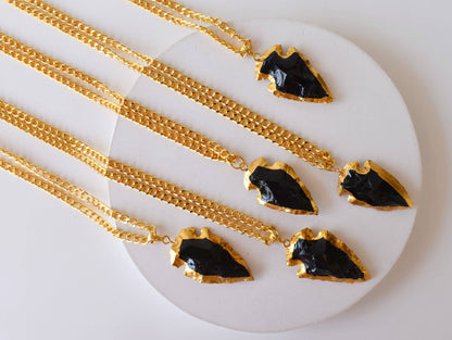 Black Obsidian Arrowhead Pendant ~ Electroplated Gold Crystals Pendants with Chain  DestGlow
