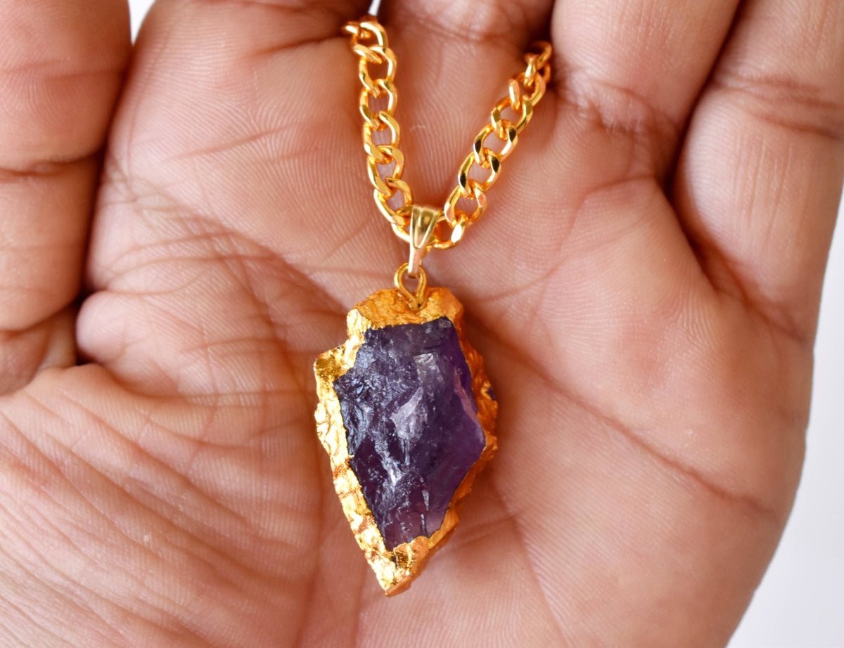 Amethyst Arrowhead Pendant, Electroplated Gold Crystals Pendants with Chain  DestGlow