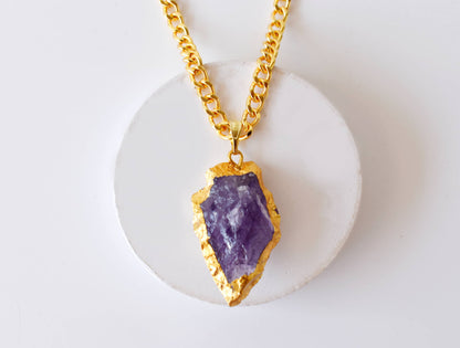 Amethyst Arrowhead Pendant, Electroplated Gold Crystals Pendants with Chain  DestGlow