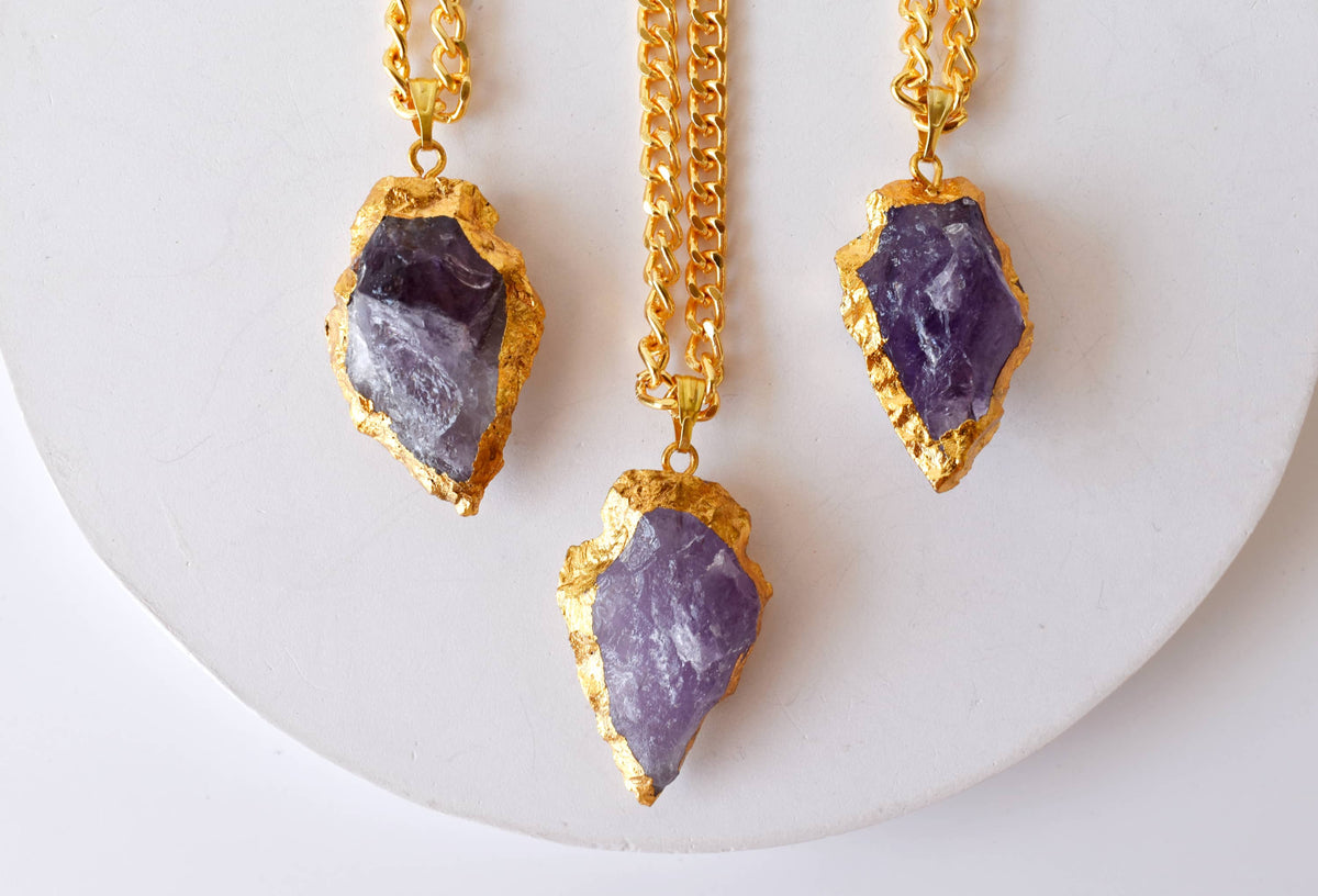 Amethyst Arrowhead Pendant, Electroplated Gold Crystals Pendants with Chain  DestGlow