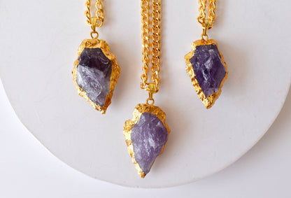 Amethyst Arrowhead Pendant, Electroplated Gold Crystals Pendants with Chain  DestGlow