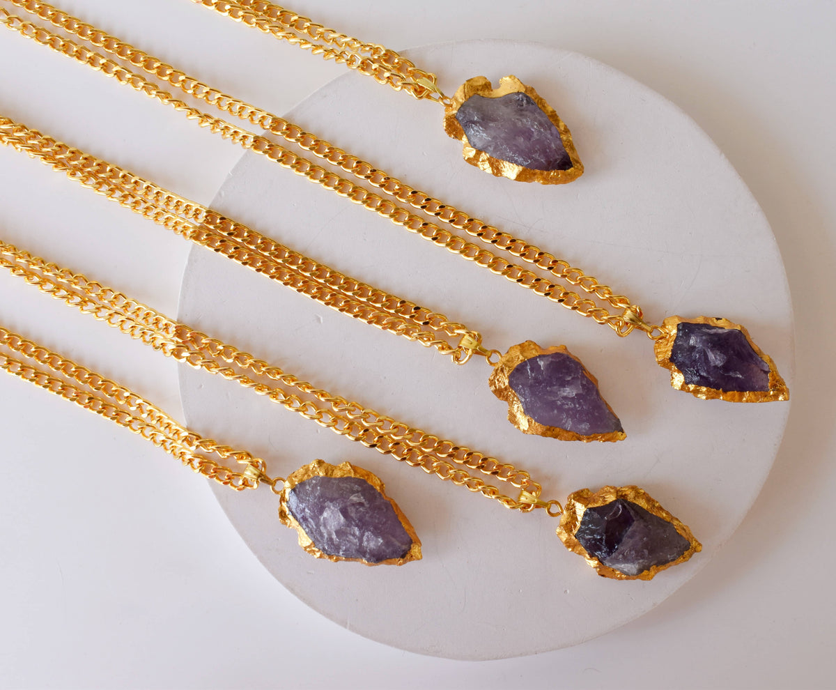 Amethyst Arrowhead Pendant, Electroplated Gold Crystals Pendants with Chain  DestGlow