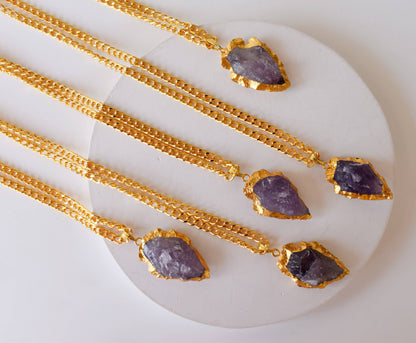 Amethyst Arrowhead Pendant, Electroplated Gold Crystals Pendants with Chain  DestGlow