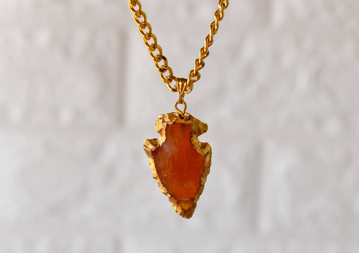 Carnelian Arrowhead Pendant, Electroplated Gold Crystals Pendants with Chain  DestGlow
