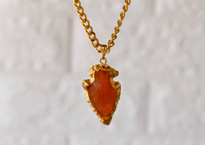 Carnelian Arrowhead Pendant, Electroplated Gold Crystals Pendants with Chain  DestGlow