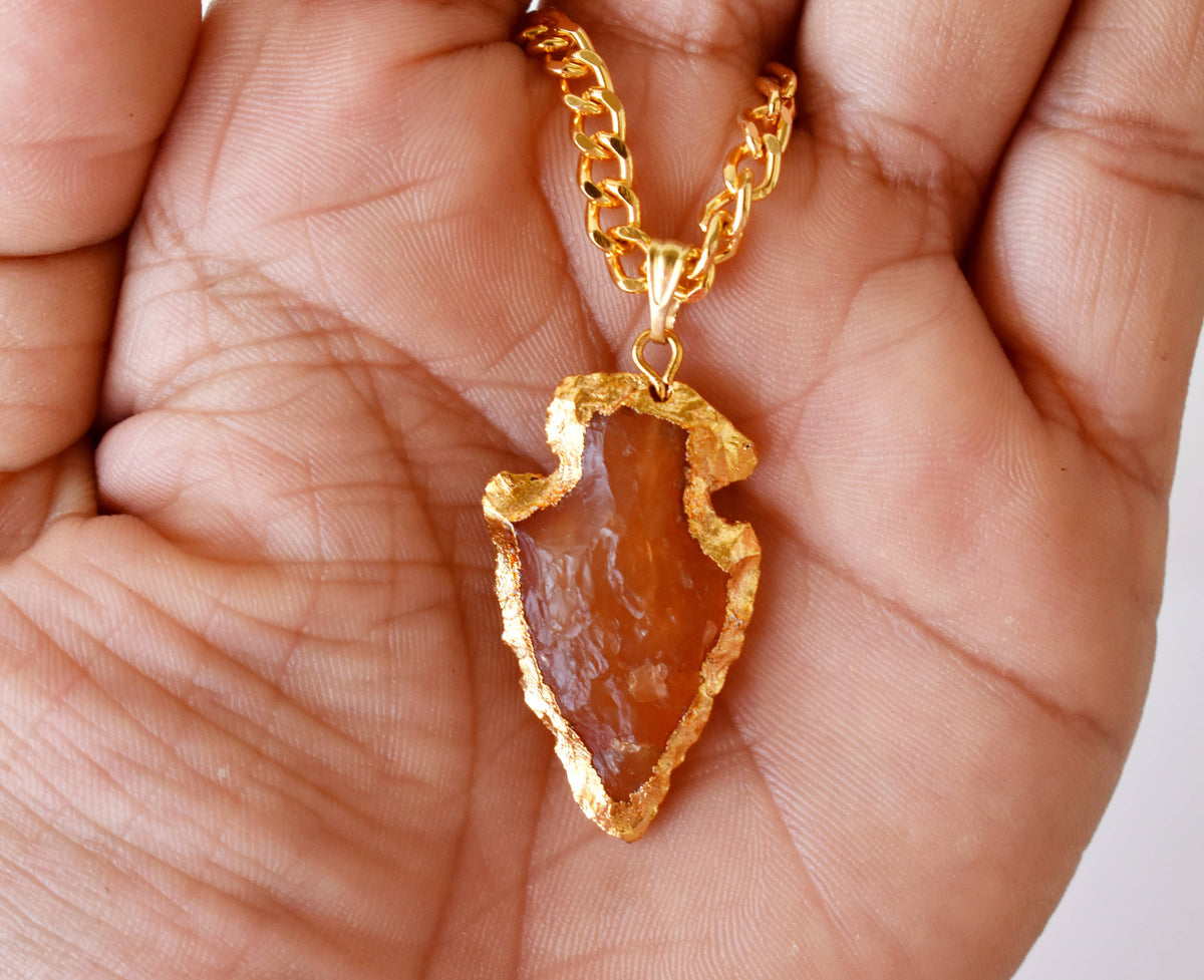 Carnelian Arrowhead Pendant, Electroplated Gold Crystals Pendants with Chain  DestGlow