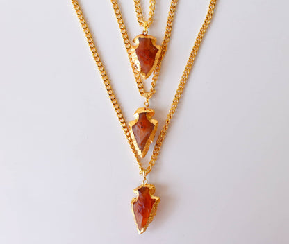 Carnelian Arrowhead Pendant, Electroplated Gold Crystals Pendants with Chain  DestGlow