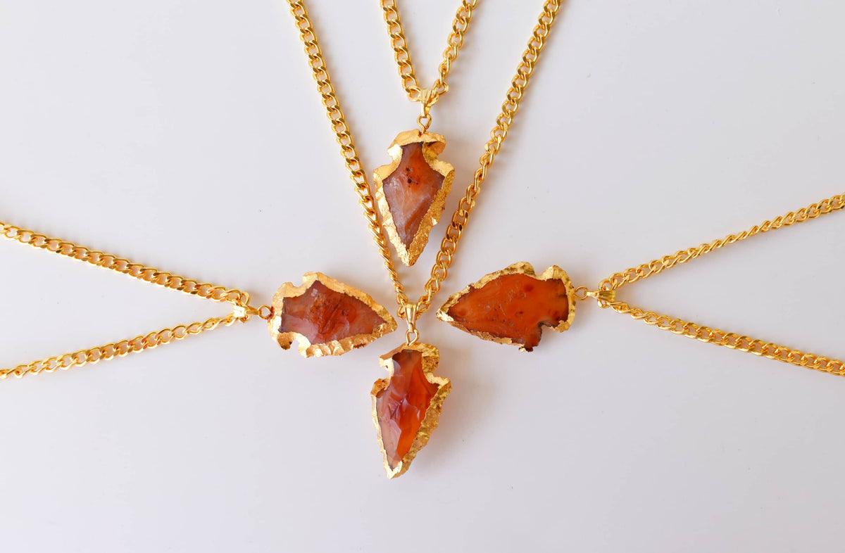 Carnelian Arrowhead Pendant, Electroplated Gold Crystals Pendants with Chain  DestGlow