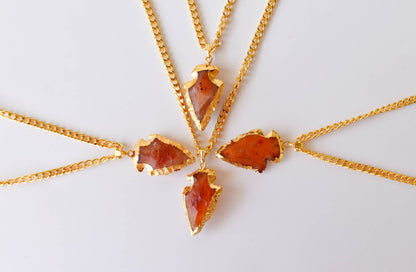 Carnelian Arrowhead Pendant, Electroplated Gold Crystals Pendants with Chain  DestGlow