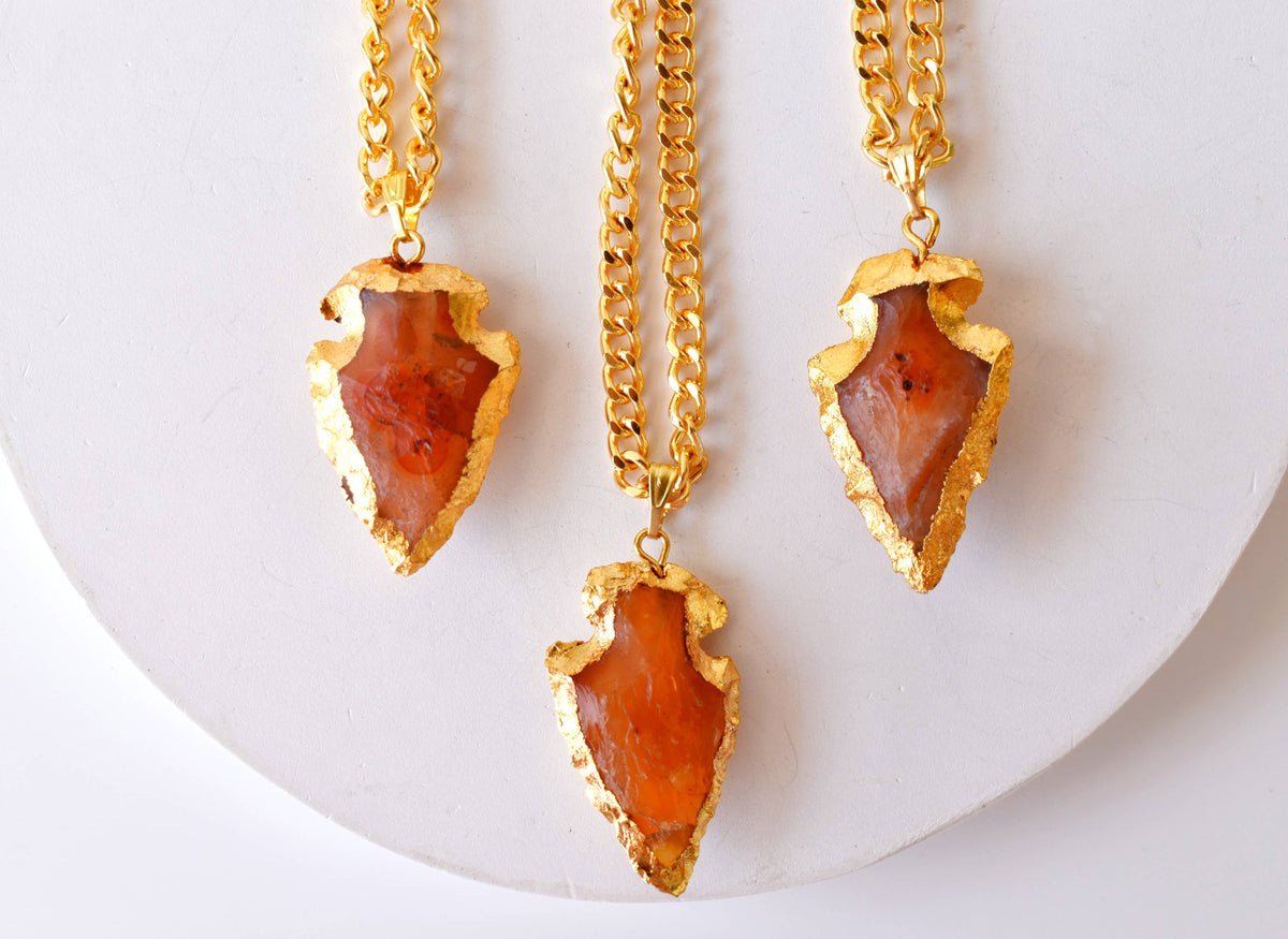 Carnelian Arrowhead Pendant, Electroplated Gold Crystals Pendants with Chain  DestGlow