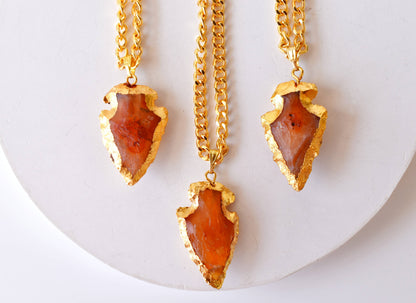 Carnelian Arrowhead Pendant, Electroplated Gold Crystals Pendants with Chain  DestGlow