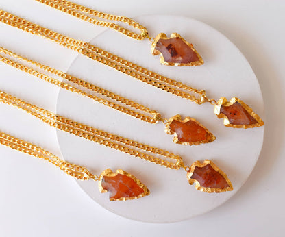 Carnelian Arrowhead Pendant, Electroplated Gold Crystals Pendants with Chain  DestGlow