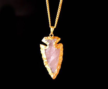 Rose Quartz Arrowheads Pendants, Electroplated Gold Crystals Pendants with Chain  DestGlow
