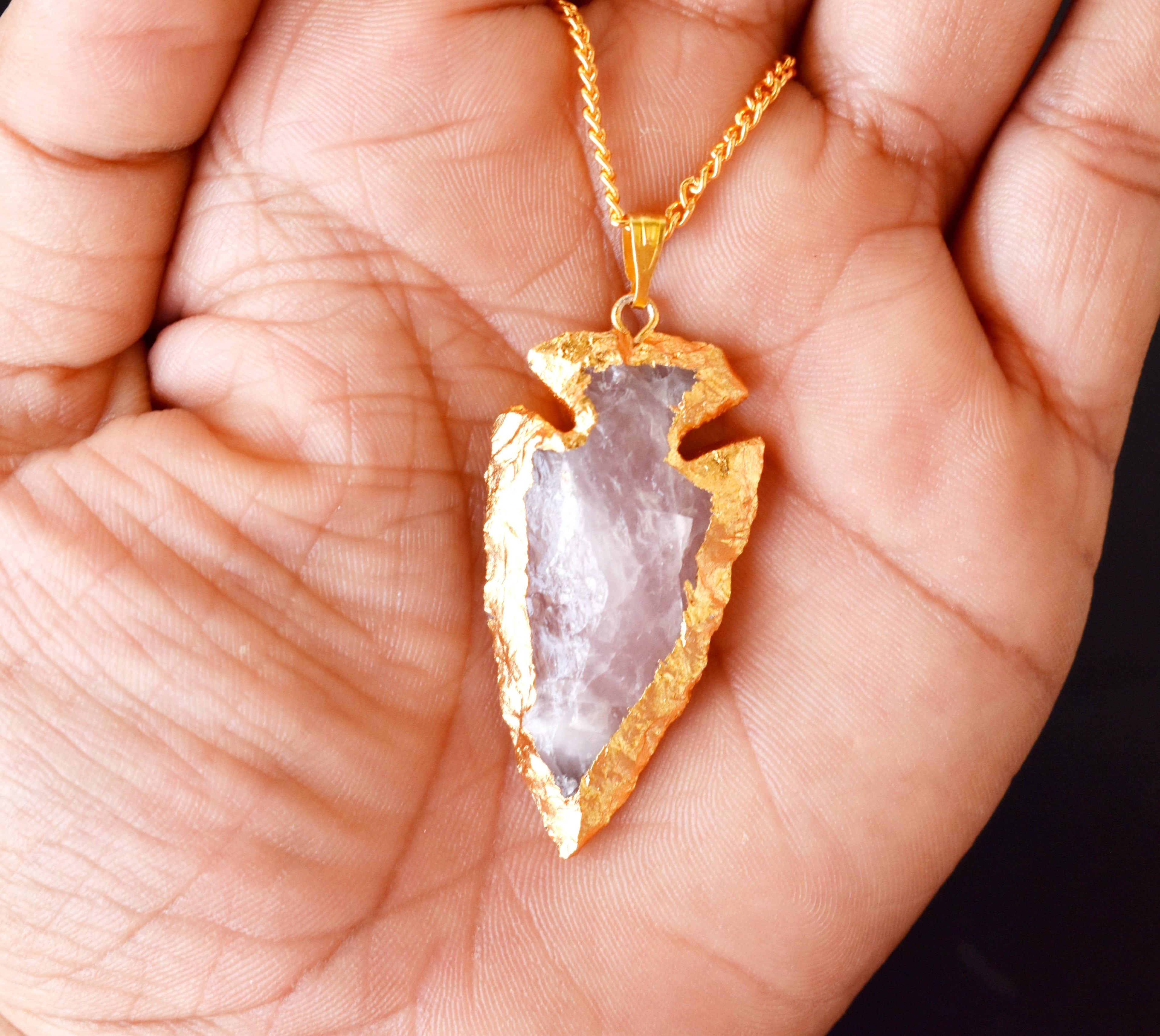 Rose Quartz Arrowheads Pendants, Electroplated Gold Crystals Pendants with Chain  DestGlow