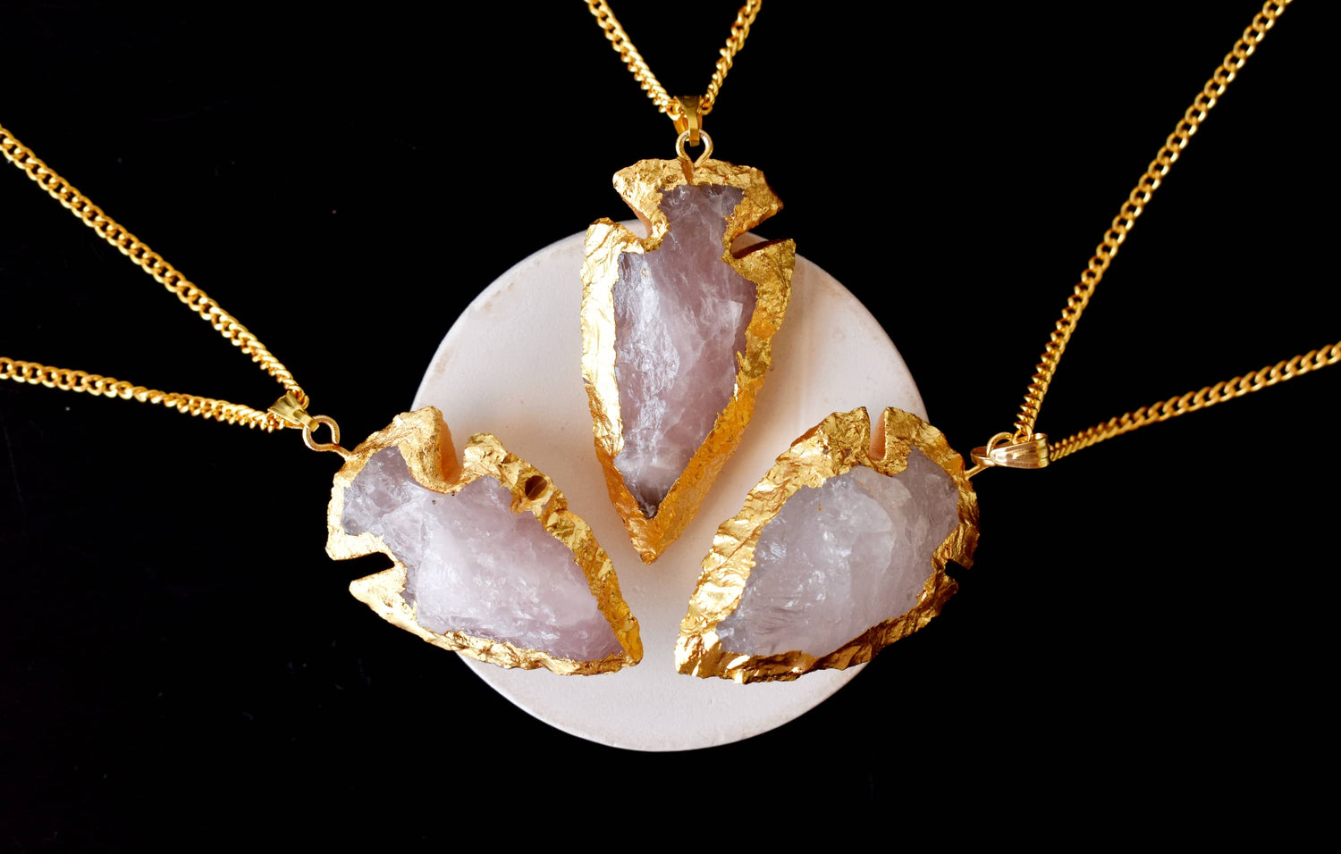 Rose Quartz Arrowheads Pendants, Electroplated Gold Crystals Pendants with Chain  DestGlow