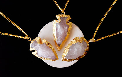Rose Quartz Arrowheads Pendants, Electroplated Gold Crystals Pendants with Chain  DestGlow