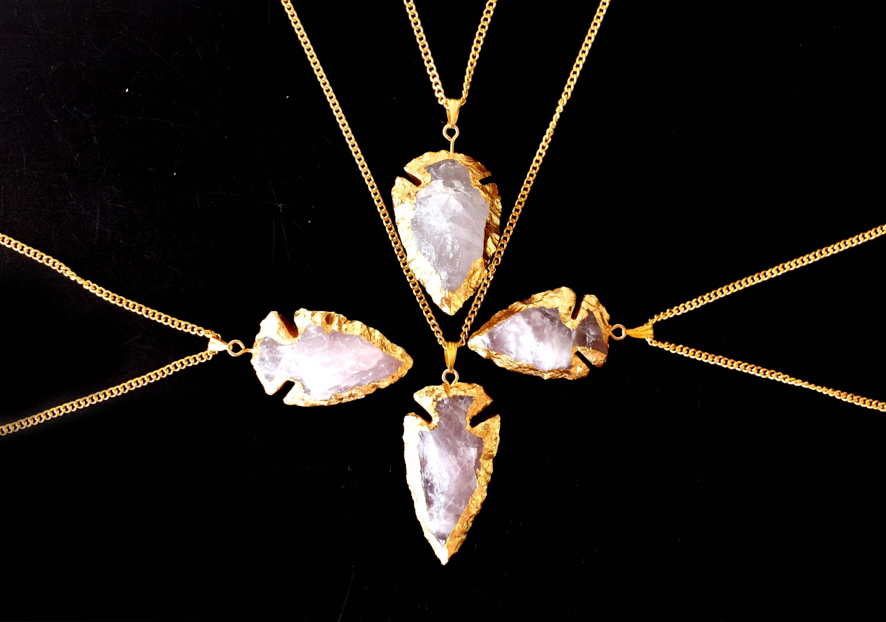 Rose Quartz Arrowheads Pendants, Electroplated Gold Crystals Pendants with Chain  DestGlow
