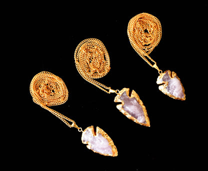 Rose Quartz Arrowheads Pendants, Electroplated Gold Crystals Pendants with Chain  DestGlow