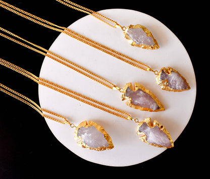 Rose Quartz Arrowheads Pendants, Electroplated Gold Crystals Pendants with Chain  DestGlow