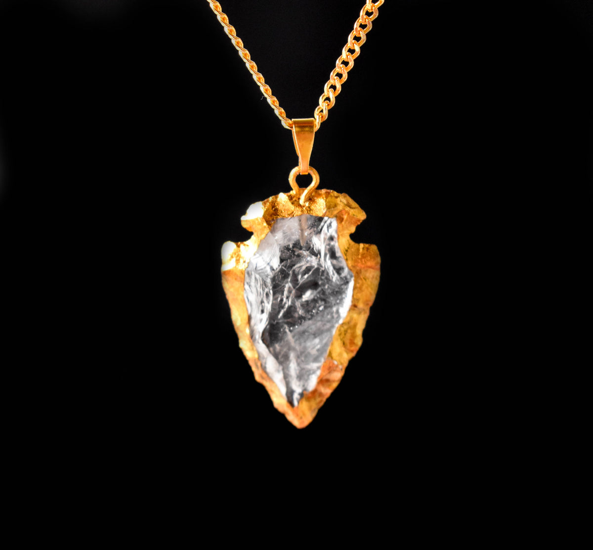 Clear Quartz Arrowhead Pendant, Electroplated Gold Crystals Pendants with Chain  DestGlow