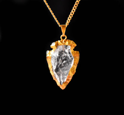 Clear Quartz Arrowhead Pendant, Electroplated Gold Crystals Pendants with Chain  DestGlow