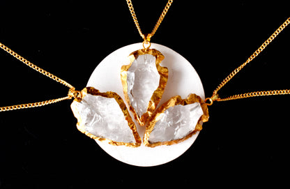 Clear Quartz Arrowhead Pendant, Electroplated Gold Crystals Pendants with Chain  DestGlow