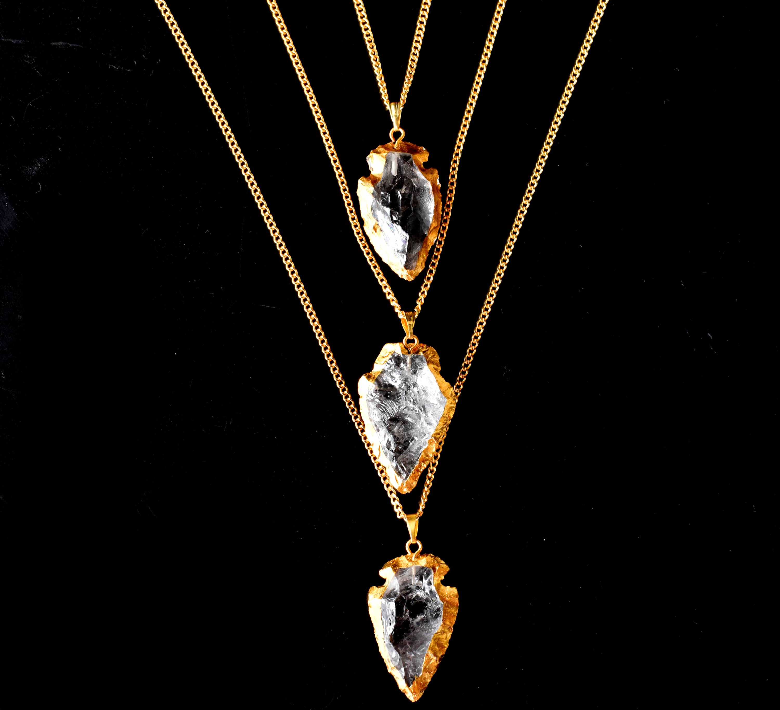 Clear Quartz Arrowhead Pendant, Electroplated Gold Crystals Pendants with Chain  DestGlow