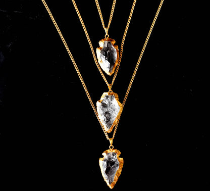 Clear Quartz Arrowhead Pendant, Electroplated Gold Crystals Pendants with Chain  DestGlow