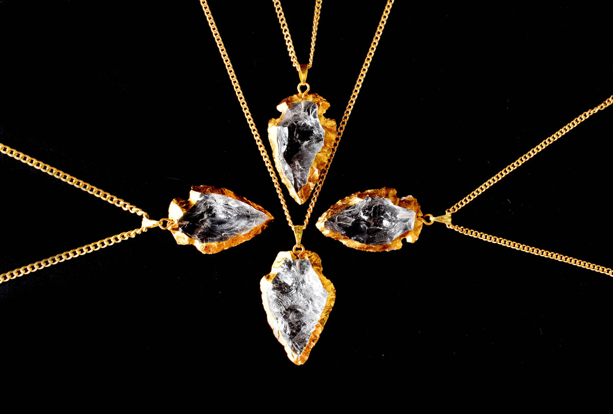 Clear Quartz Arrowhead Pendant, Electroplated Gold Crystals Pendants with Chain  DestGlow