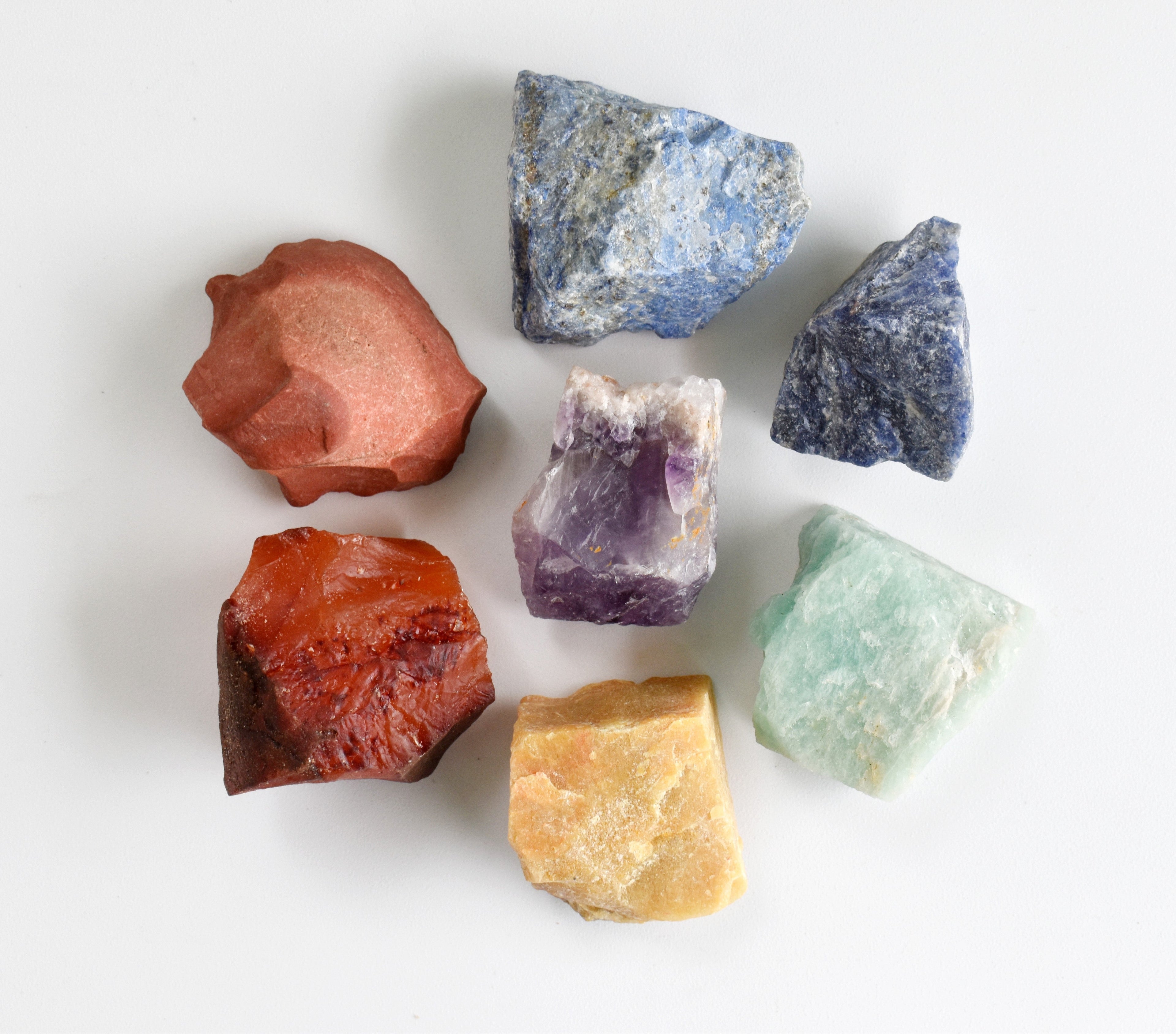 Chakra Crystals Set, 7 Chakra Rough Stones Set, Wooden Grid Plate, Selenite Log  DestGlow