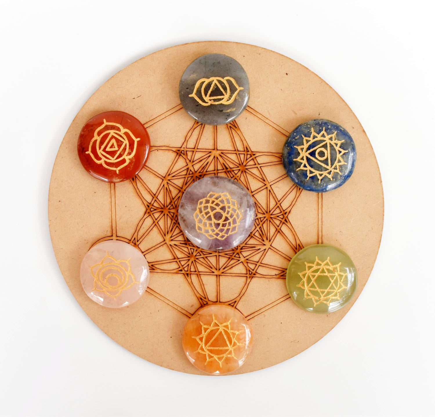 Chakra Crystals Set, Round Reiki 7 Chakra Stones Set, Wooden Grid Plate, Selenite Log  DestGlow