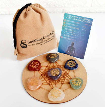 Chakra Crystals Set, Heart Shaped Reiki 7 Chakra Stones Set, Wooden Grid Plate, Selenite Log  DestGlow
