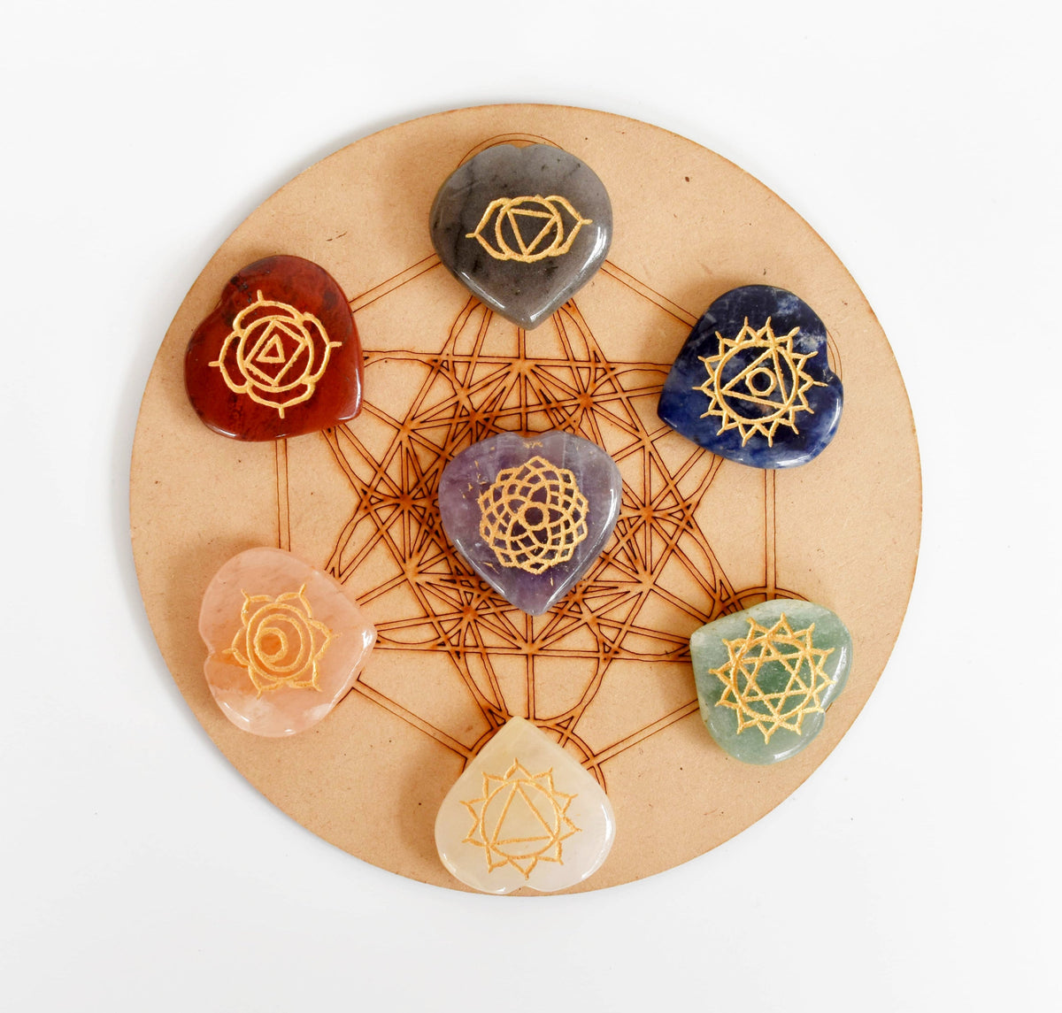 Chakra Crystals Set, Heart Shaped Reiki 7 Chakra Stones Set, Wooden Grid Plate, Selenite Log  DestGlow
