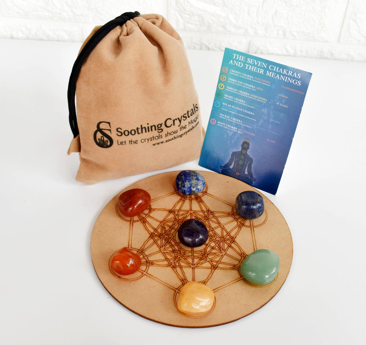 Chakra Tumbled Crystals Set, 7 Chakra Stones Set,  Wooden Grid Plate, Selenite Log  DestGlow
