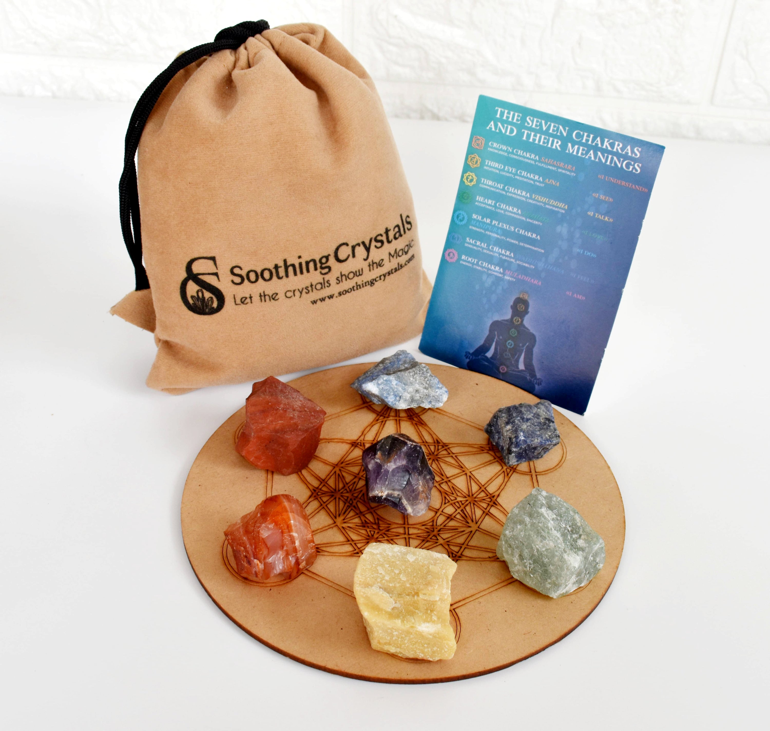 Chakra Crystals Set, 7 Chakra Rough Stones Set, Wooden Grid Plate, Selenite Log  DestGlow