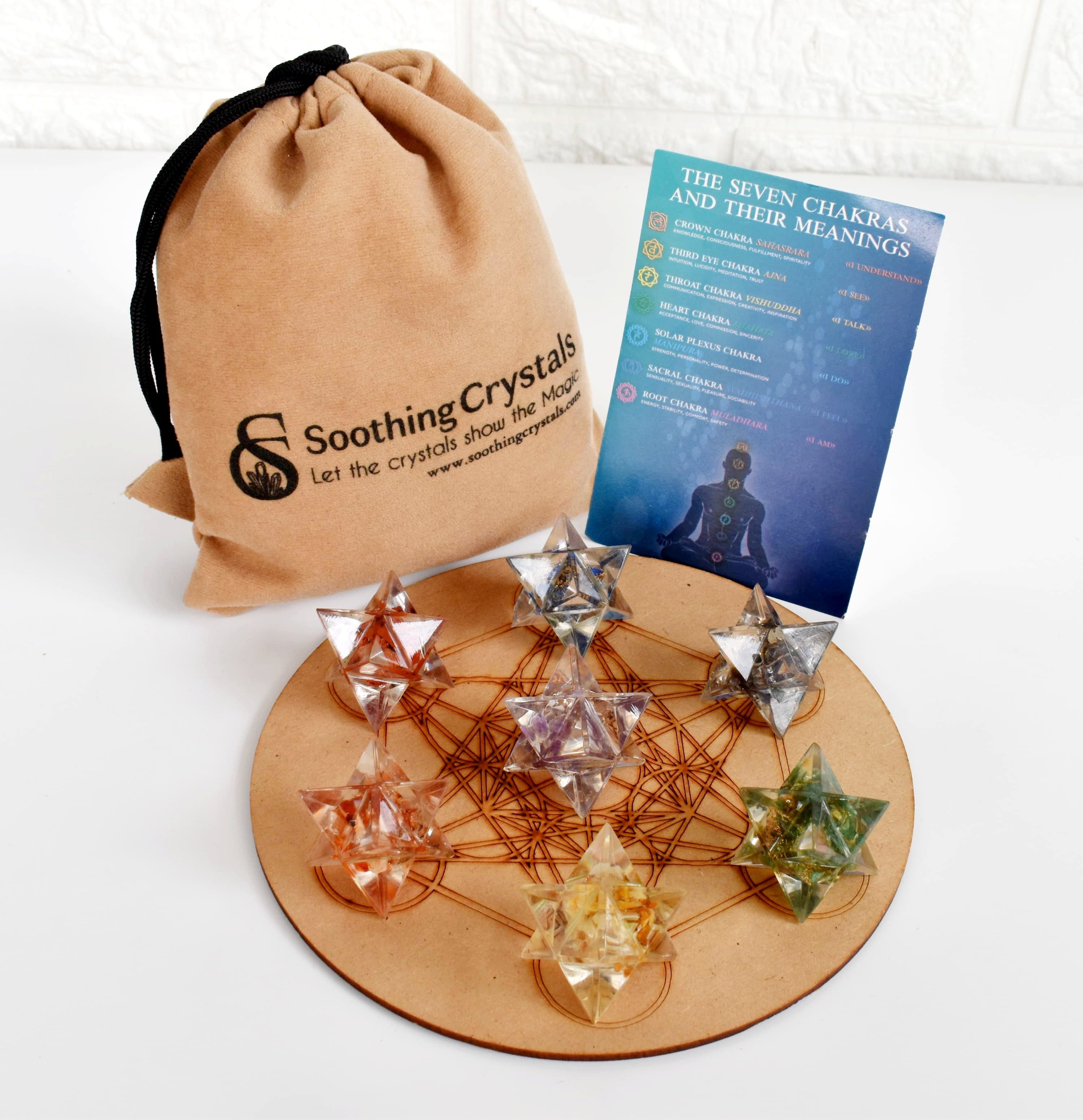 7 Chakra Orgone Merkaba Set,  Chakra Crystals Set with Wooden Grid Plate, Selenite Log  DestGlow